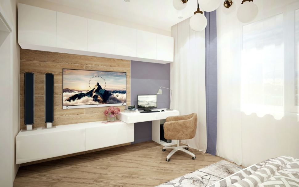 Комната для гостей с синими оттенками, белая тумба под ТВ, стол, кресло, телевизор, портьеры