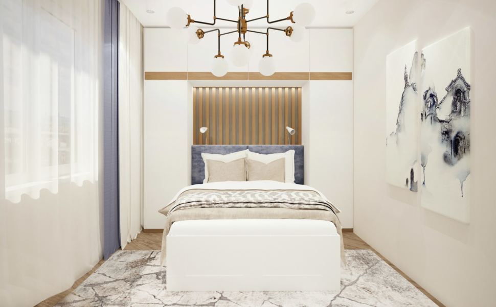 Визуализация гостевой 15 кв.м в бежевых тонах, белая кровать, люстра, интерьерная картина, люстра, бра