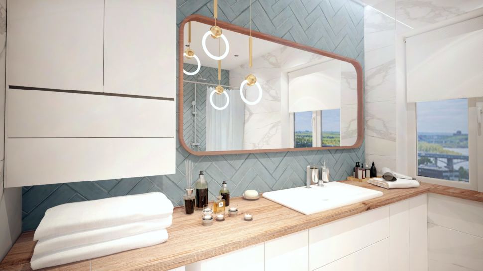 Интерьер ванной комнаты, зеркало, раковина, белый шкаф, подвесные светильники, керамическая плитка сложного синего цвета