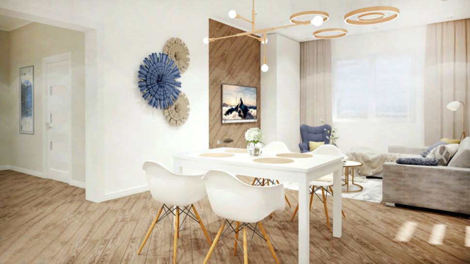 Дизайн- проект гостиной в теплых тонах с синими акцентами, обеденная группа в белом цвете, диван, люстра