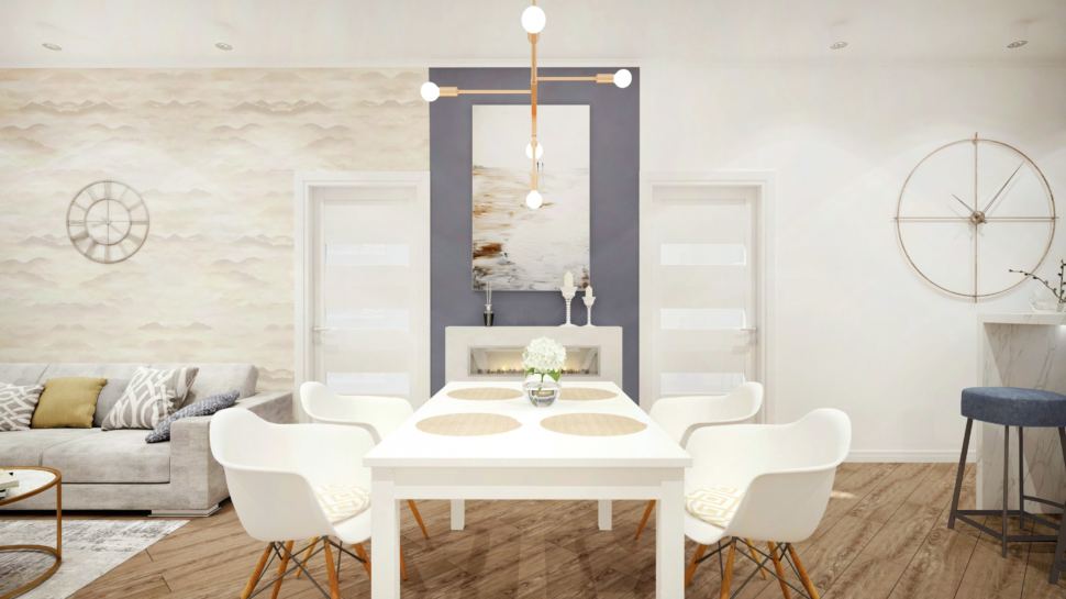 Дизайн гостиной с акцентами сложного синего цвета, стол, белые стулья, акцентная люстра, картина, фреска