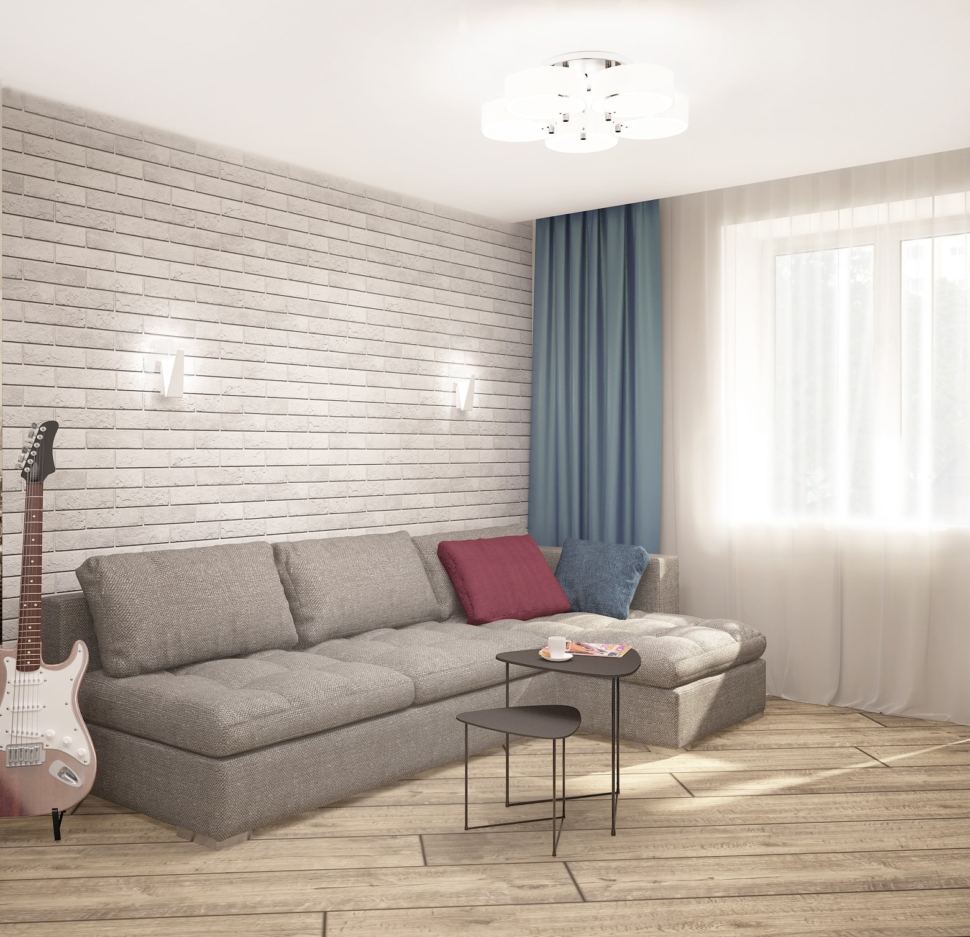 Дизайн-проект гостиной в серых тонах с синими акцентами 18 кв.м, серый угловой диван, люстра, журнальный столик, синие портьеры
