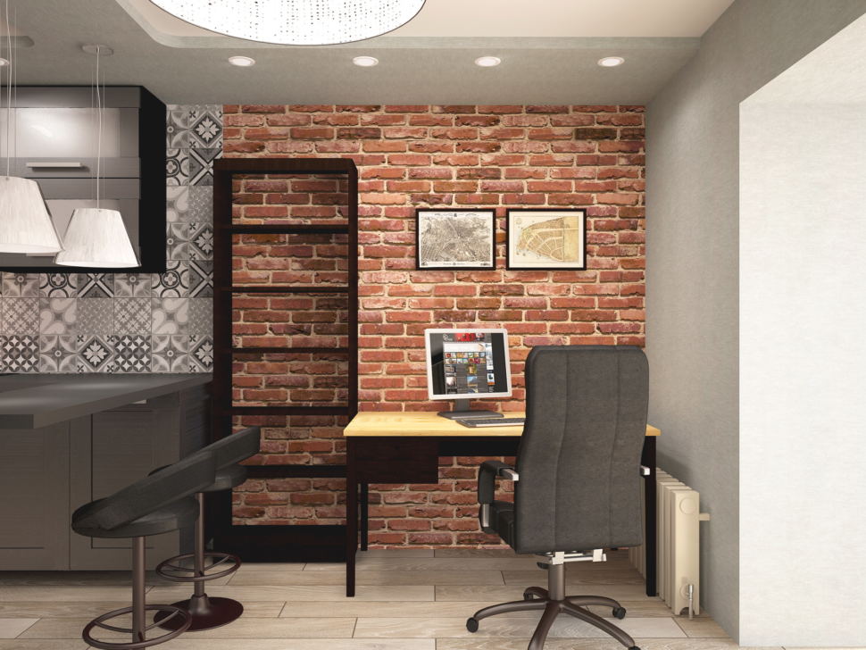 Дизайн-проект кухни- гостиной в темных тонах 14 кв.м, офисные стол, черный офисный стул, стеллаж