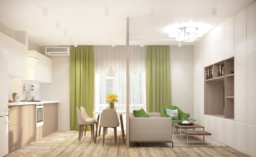 Дизайн-проект кухни-гостиной в бежевых тонах с зеленными оттенками 28 кв.м, бежевый диван, журнальный столик, светильник