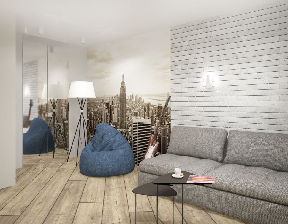 Дизайн интерьера гостиной в серых тонах с синими акцентами 18 кв.м, синие кресло-мешок, белая напольная лампа, серый диван