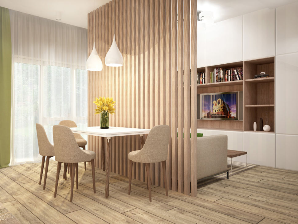 Визуализация кухни-гостиной в бежевых тонах с зеленными оттенками 28 кв.м, обеденный стол, бежевый стулья, диван, белый шкаф