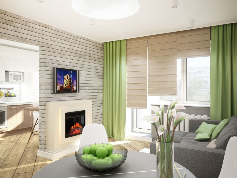 Визуализация гостиной 11 кв.м с зеленными оттенками, серый диван, белый электрический камин, серый обеденный стол