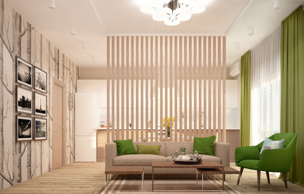 Визуализация кухни-гостиной в бежевых тонах с зеленными оттенками 28 кв.м, бежевый диван, зеленое кресло, журнальный столик