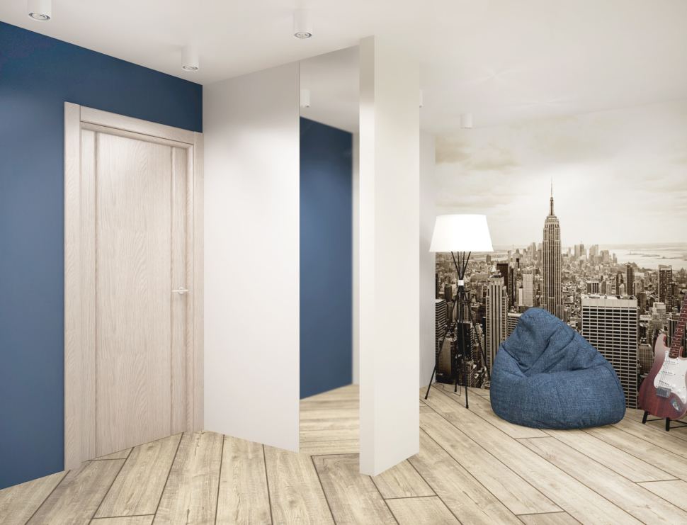 Визуализация гостиной в серых тонах с синими акцентами 18 кв.м, синие кресло-мешок, напольная лампа, фотообои, зеркало, светильники