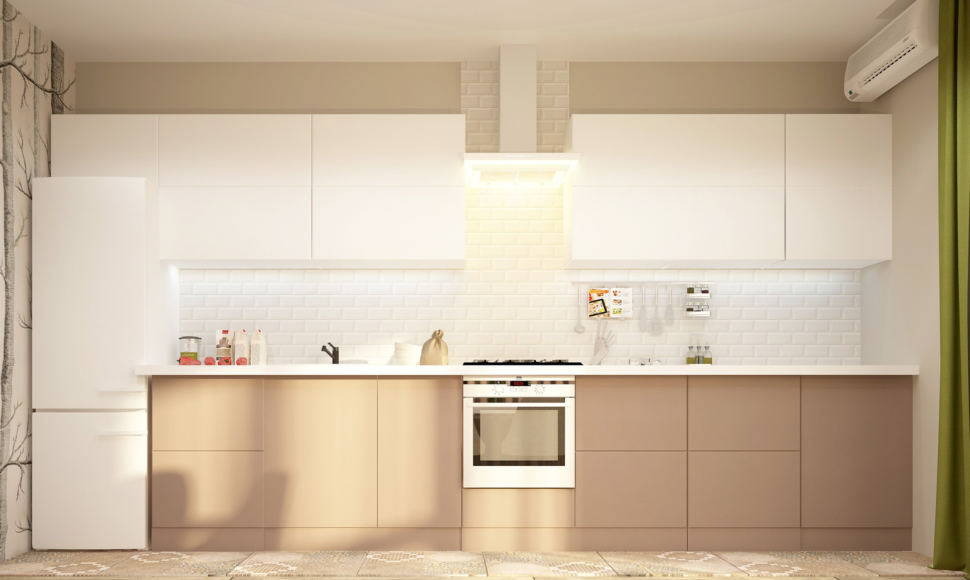 Визуализация кухни-гостиной в бежевых тонах с зеленными оттенками 28 кв.м, бежевый кухонный гарнитур, вытяжка, духовой шкаф, холодильник
