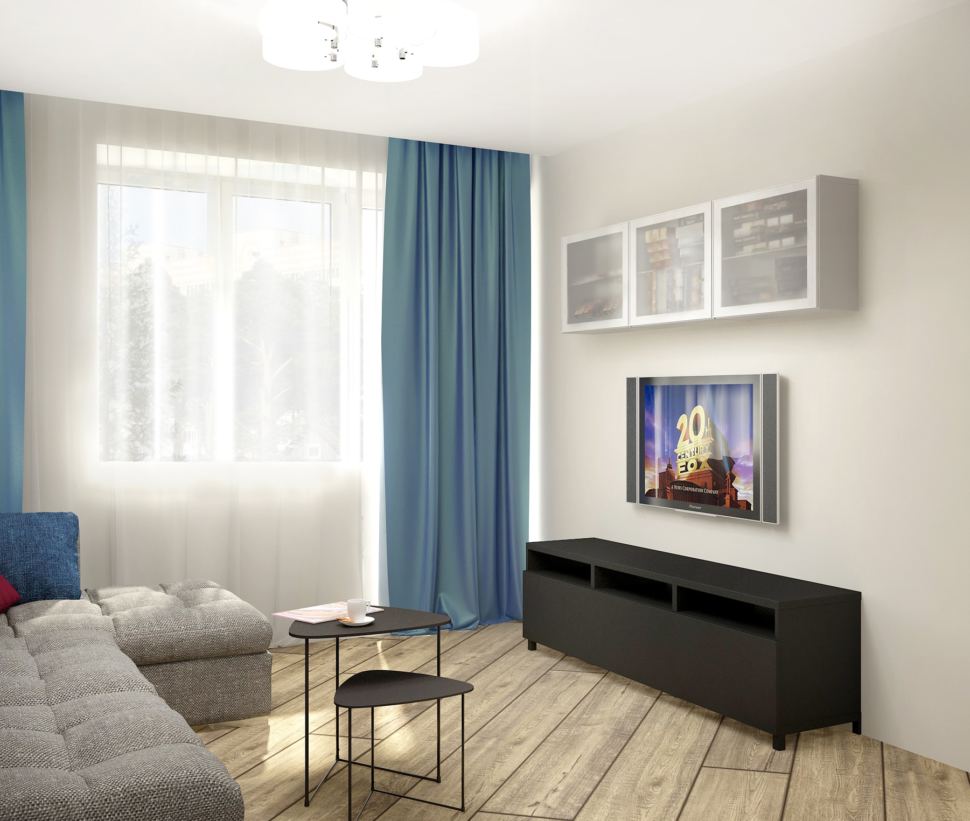 Дизайн-проект гостиной в серых тонах с синими акцентами 18 кв.м, тумба под ТВ, телевизор, белая подвесная полка