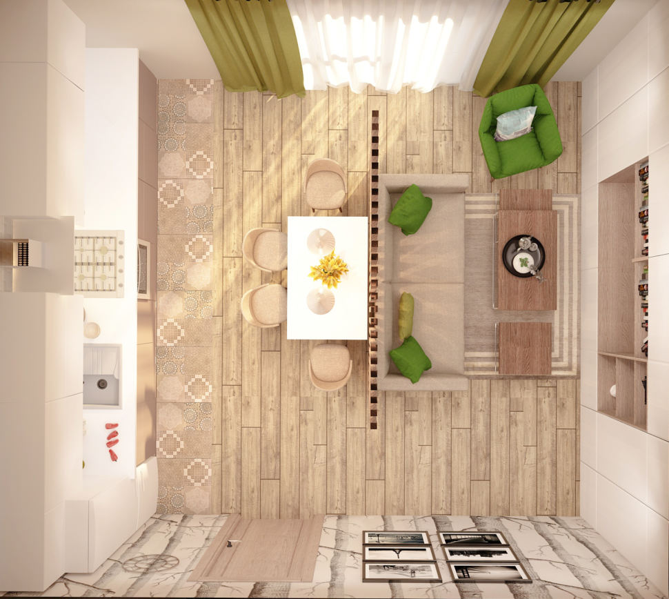 Визуализация кухни-гостиной в бежевых тонах с зеленными оттенками 28 кв.м, бежевый диван, обеденный стол, кухонный гарнитур