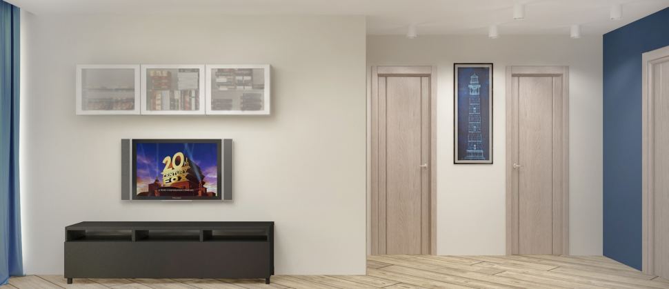 Дизайн интерьера гостиной в серых тонах с синими акцентами 18 кв.м, черная тумба под ТВ, белая подвесная полка, телевизор, ламинат