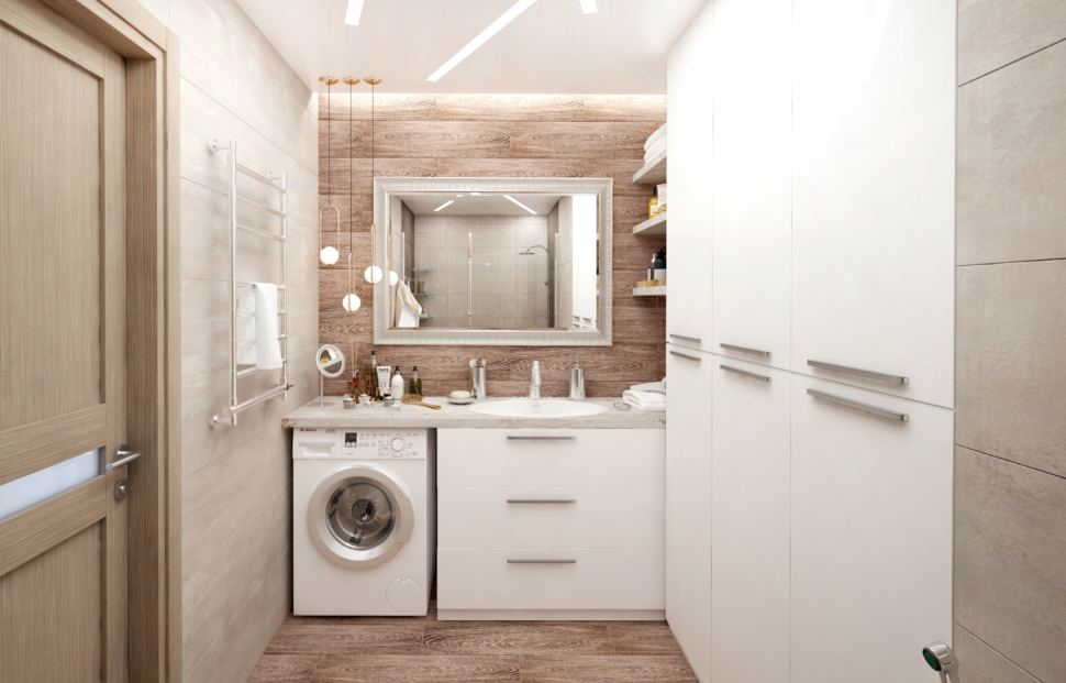 Дизайн интерьера ванной комнаты в белых тонах 8 кв.м, стиральная машинка, белая тумба, раковина, зеркало, подвесные светильники