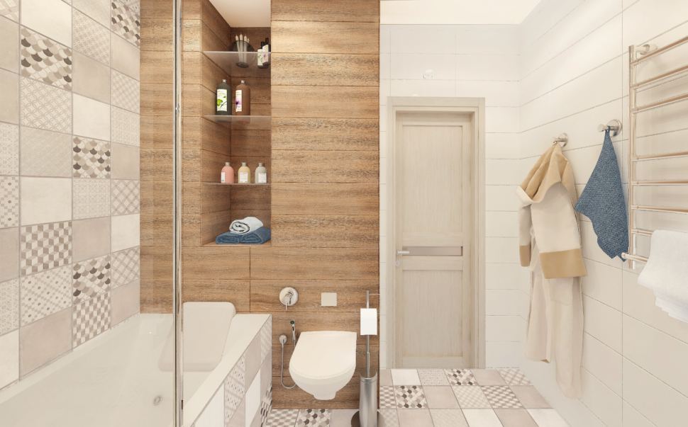 Визуализация ванной комнаты в белых тонах с древесными оттенками 6 кв.м, полки, ванна, унитаз, геометрическая плитка, сушилка, светильники