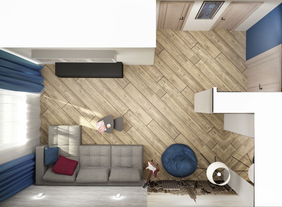 Дизайн-проект гостиной в серых тонах с синими акцентами 18 кв.м, серый угловой диван, бежевый ламинат