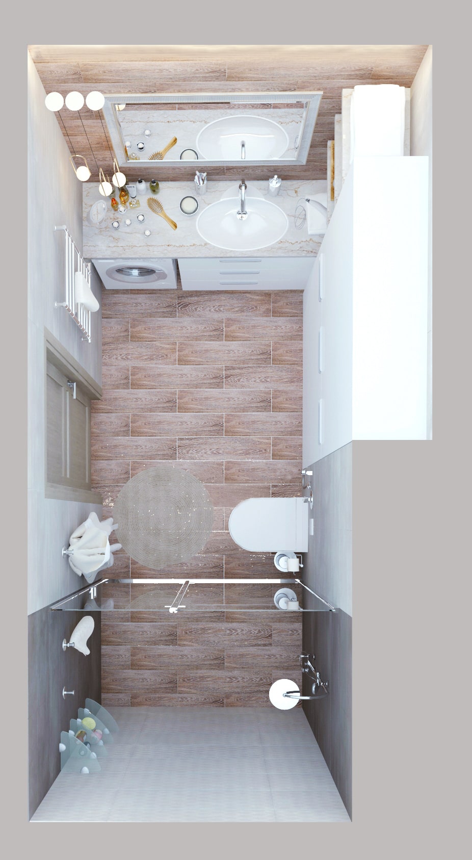 Дизайн-проект совмещённой ванной комнаты 8 кв.м в современном стиле с бирюзовыми оттенками, стиральная машинка, белый шкаф, унитаз