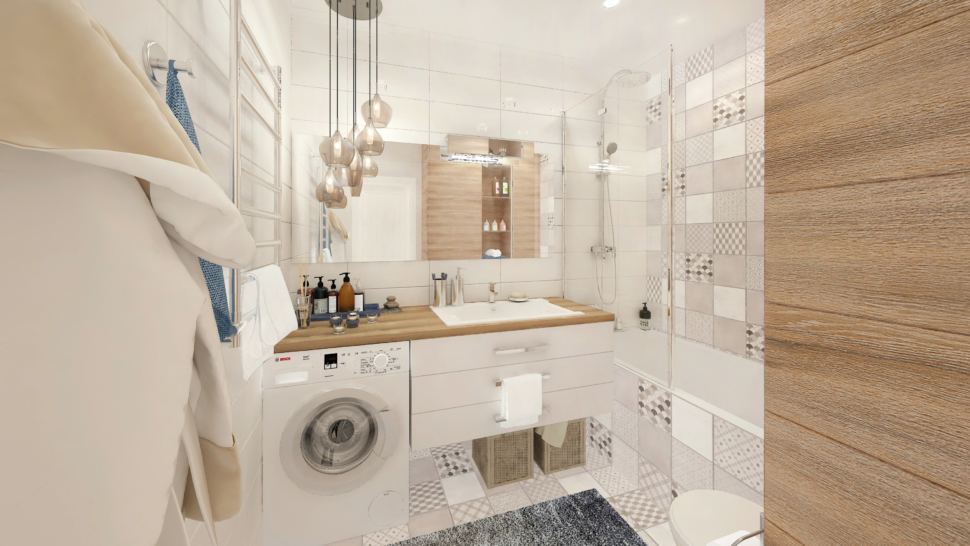 Дизайн-проект ванной комнаты в белых тонах с древесными оттенками 6 кв.м, геометрическая плитка, ванна, душ, подвесная тумба, зеркало
