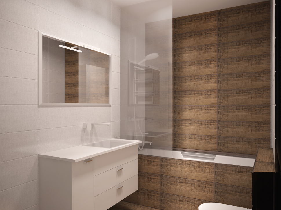 Дизайн-проект ванной комнаты 5 кв.м в белых тонах, тумба, раковина, зеркало, ванна, душ