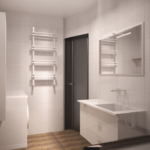 Проект ванной комнаты 5 кв.м в белых тонах, белая тумба, раковина, зеркало, светильники, стиральная машинка