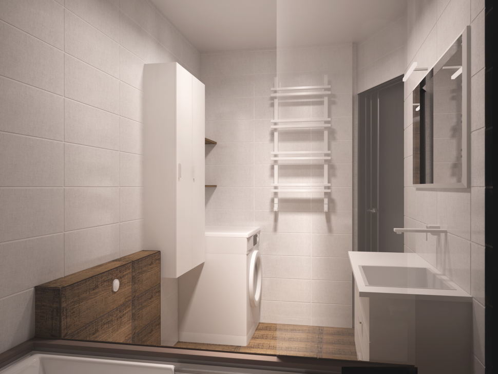 Визуализация ванной комнаты 5 кв.м в белых тонах, белый шкаф, сушилка, раковина, стиральная машинка