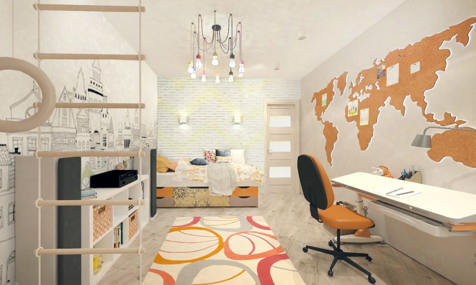 Проект детской комнаты с оранжевыми и бежевыми акцентами 14 кв.м, шведская стенка, люстра, рабочий стол, кровать, светильники