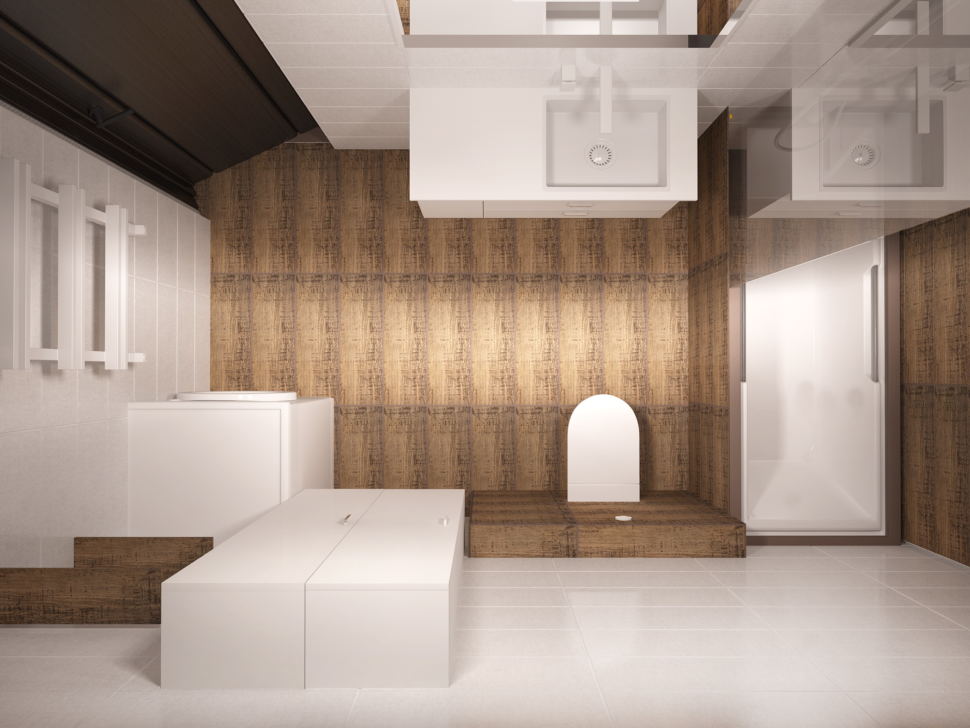 Визуализация ванной комнаты 5 кв.м в белых тонах, белый шкаф, тумба, ванна, душ, керамическая плитка