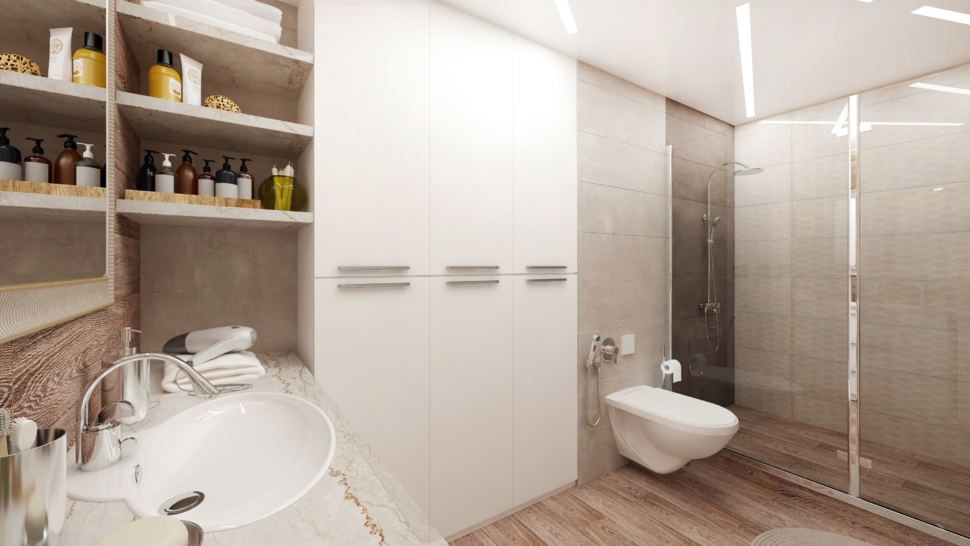 Дизайн-проект ванной комнаты в белых тонах 8 кв.м, белый шкаф, полки, раковина, зеркало, унитаз, душевая кабина