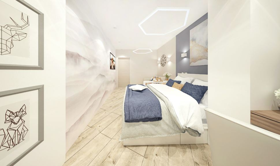 Дизайн-проект гостиной-спальни в белых тонах с синими оттенками 15 кв.м, кровать, часы, светильники, бежевый ламинат, фотообои