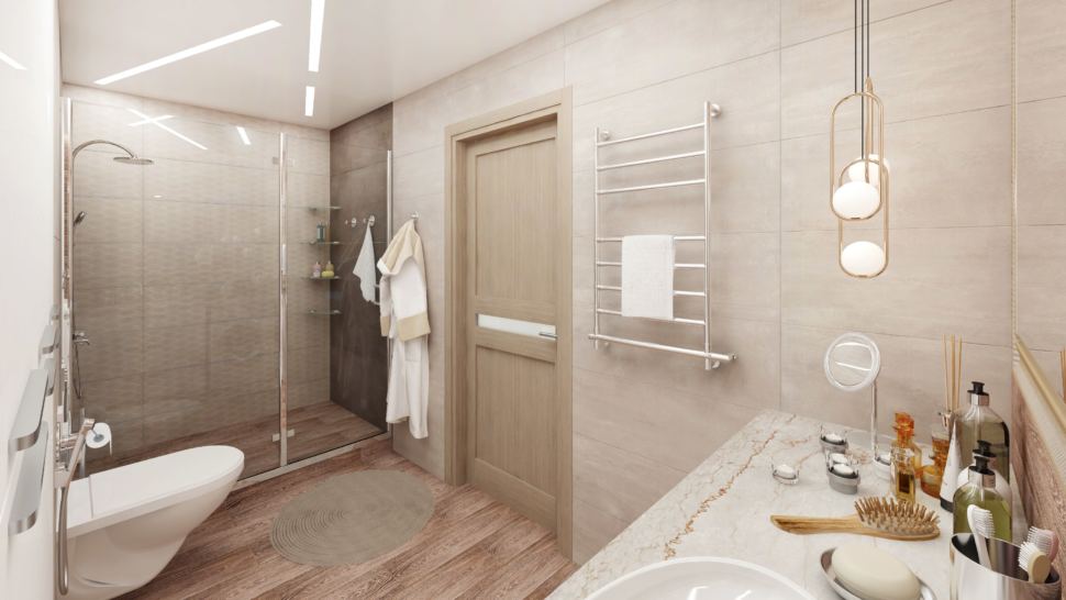 Визуализация ванной комнаты в белых тонах 8 кв.м, душевая кабина, унитаз, золотые подвесные светильники, раковина, зеркало