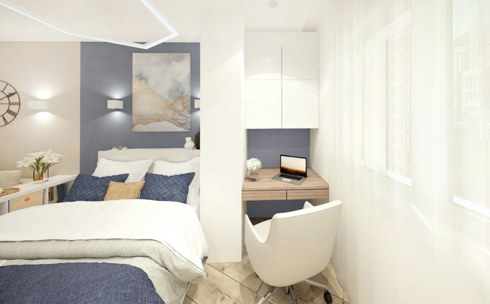Визуализация гостиной-спальни в белых тонах с синими оттенками 15 кв.м, кровать, рабочий стол, белое кресло