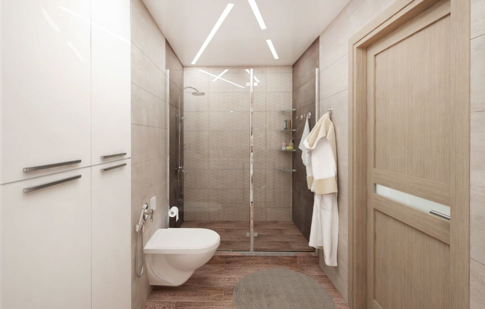 Дизайн интерьера совмещённой ванной комнаты 8 кв.м в современном стиле с золотыми оттенками, стиральная машинка, белый шкаф, унитаз, раковина