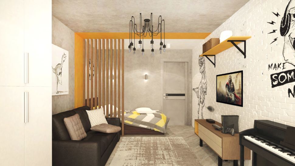 Дизайн интерьера детской 22 кв.м в современном стиле с древесными оттенками, бежевая тумба под ТВ, черный диван, люстра, белый шкаф
