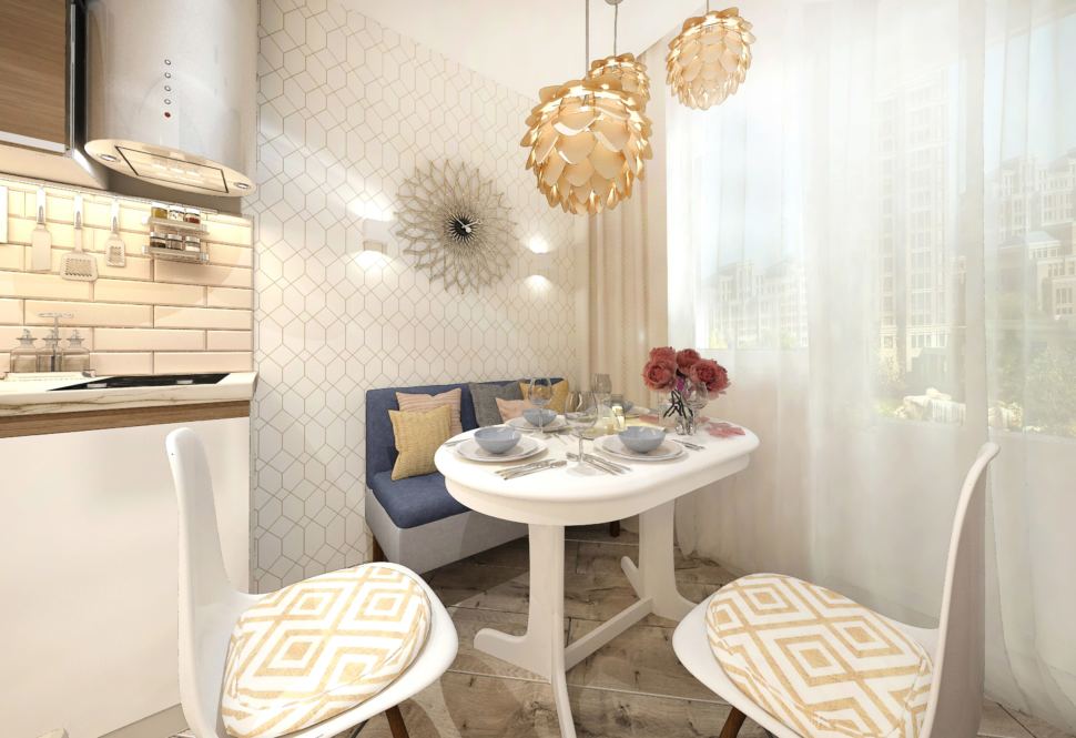 Дизайн интерьера кухни в белых тонах 10 кв.м, обеденный стол, синий диван, белый кухонный гарнитур, золотые светильники
