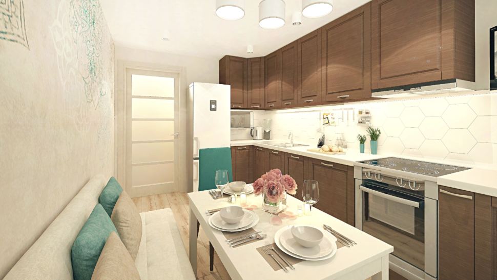 Дизайн кухни 11 кв.м в теплых тонах, коричневый кухонный гарнитур, белый обеденный стол, столешница, диван, холодильник