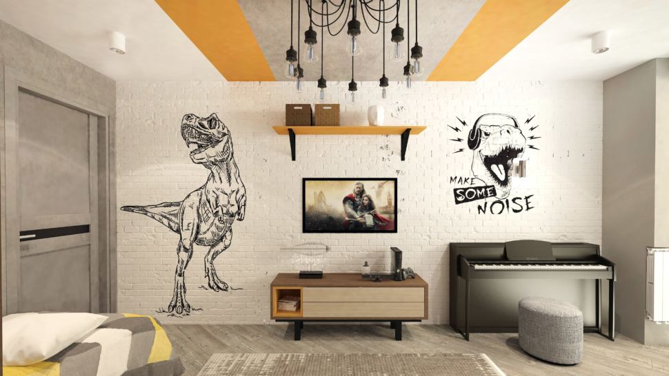 Дизайн-проект детской 22 кв.м в современном стиле с белыми оттенками, бежевая тумба под ТВ, черный диван, люстра