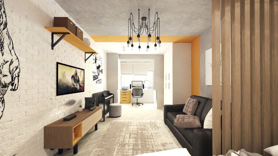 Визуализация детской комнаты в теплых тонах с оранжевыми оттенками 22 кв.м, тумба под ТВ древесного цвета, желтая подвесная полка