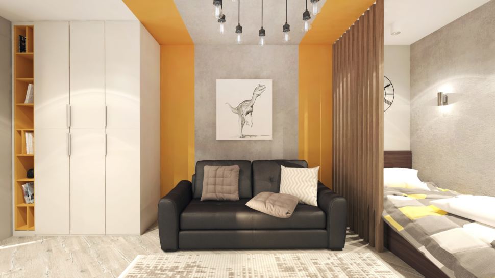 Дизайн интерьера детской 22 кв.м в современном стиле со сложно-серыми оттенками, черный диван, люстра, белый шкаф, рабочий стол