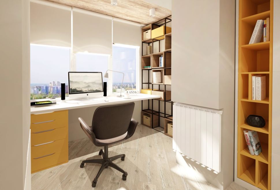 Дизайн-проект детской 22 кв.м в современном стиле с бежевыми оттенками, черное офисное кресло, белый шкаф, стеллаж, рабочий стол