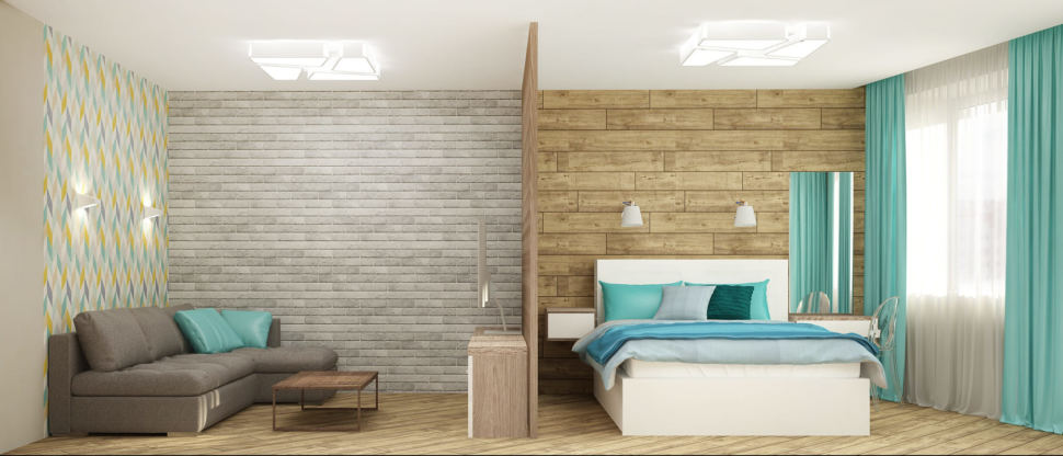 Дизайн гостиной 33 кв.м в теплых тонах, белая кровать, серый диван, журнальный столик, люстра, бра