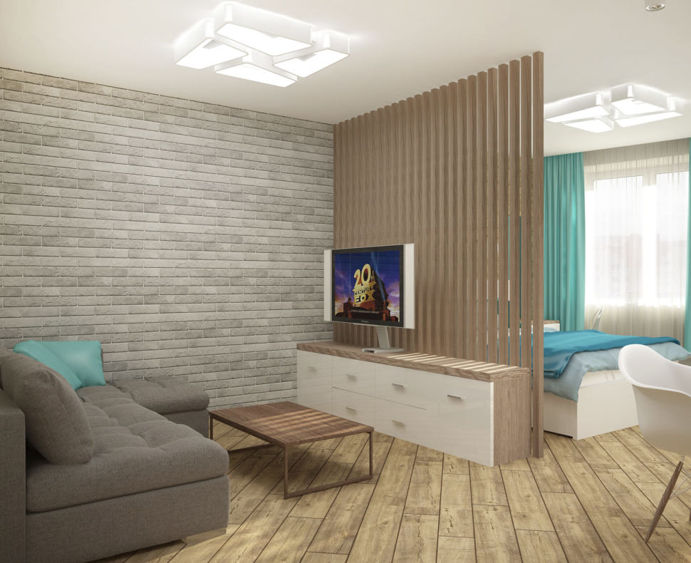 Дизайн гостиной 33 кв.м с бирюзовыми акцентами, белая тумба, телевизор, деревянная перегородка из брусков, кирпич