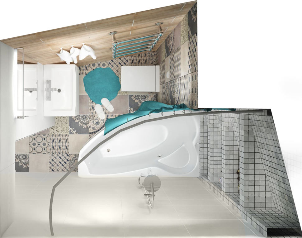 Дизайн ванной комнаты в серых и бежевых тонах с бирюзовыми акцентами, раковина, ванная, унитаз, полотенцесушитель