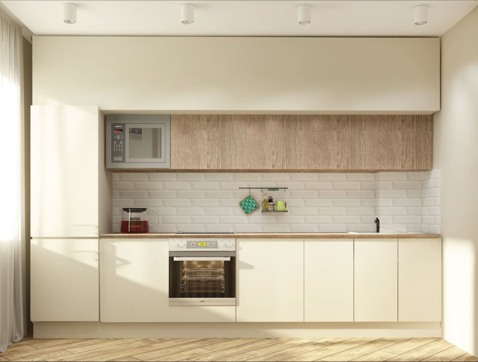 Визуализация кухни 10 кв.м, белый кухонный гарнитур, духовой шкаф, микроволновка, кухонный фартук, столешница под дерево