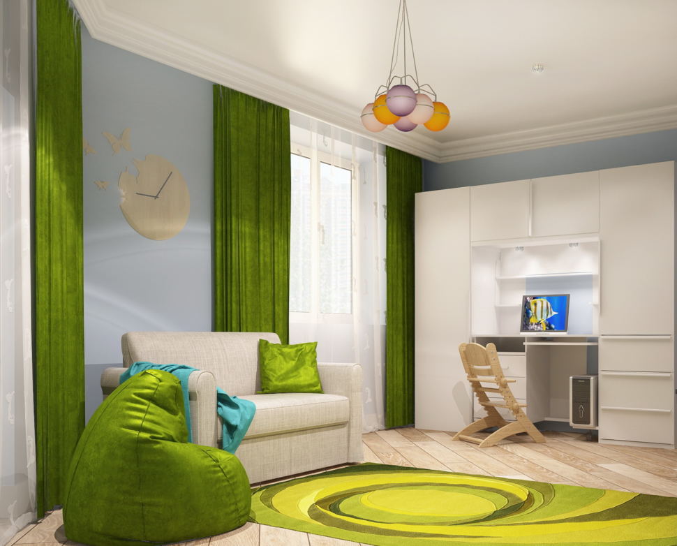 Проект комнаты для девочки 21 кв.м, зеленое кресло-мешок, белый диван, шкаф, люстра, зеленные портьеры