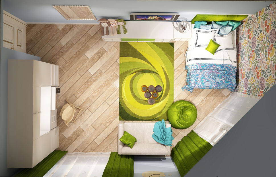Дизайн-проект детской для девочки 21 кв.м, зеленое кресло-мешок, белый шкаф, кровать, белая тумба, белый диван