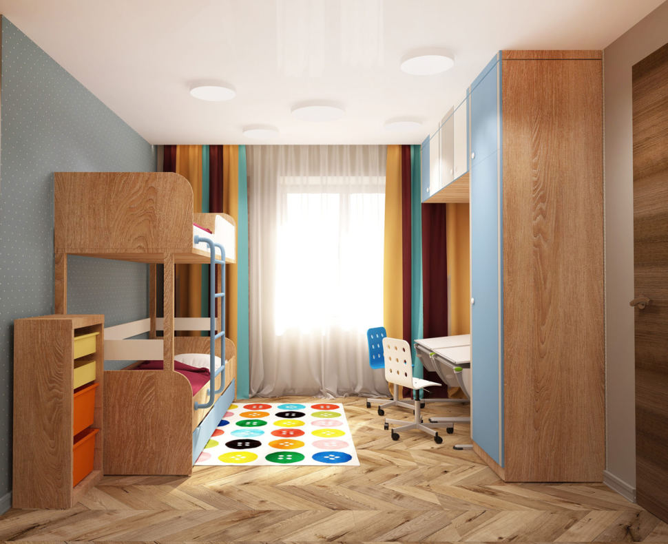 Визуализация детской комнаты в теплых тонах 15 кв.м, двухъярусная кровать, шкаф, полки, рабочий стол, голубой стул