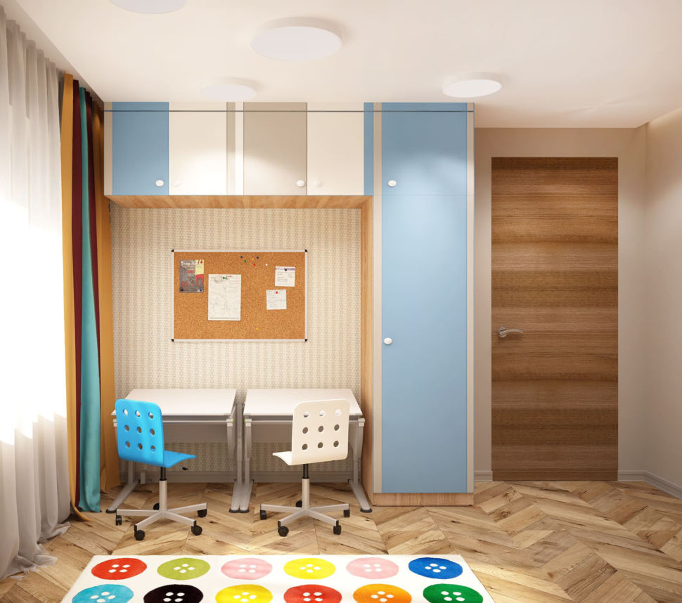 Проект детской комнаты в теплых тонах 15 кв.м, голубой шкаф, полки, рабочий стол, стулья, ковер