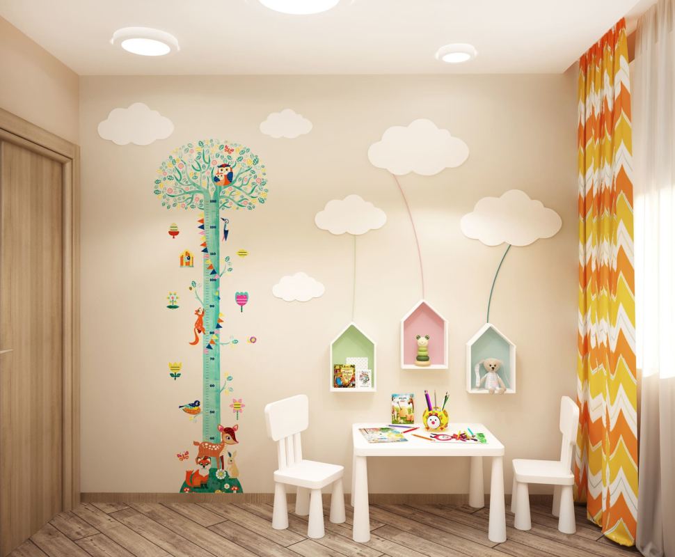 Дизайн-проект детской комнаты в теплых тонах 8 кв.м, белый детский стол, белые детские стулья, белые полки