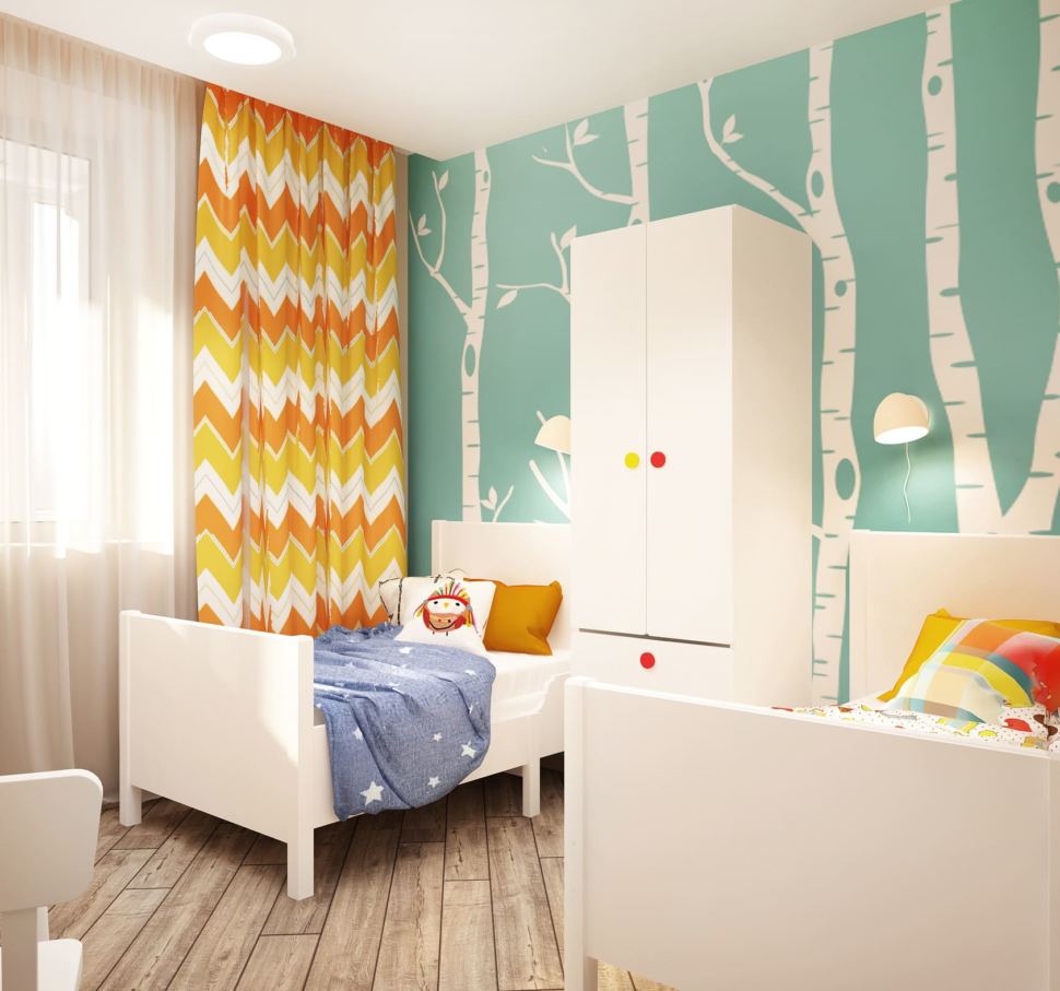 Дизайн интерьера детской комнаты в теплых тонах 8 кв.м, белый шкаф, белая кровать, детский стул фотообои, цветные портьеры