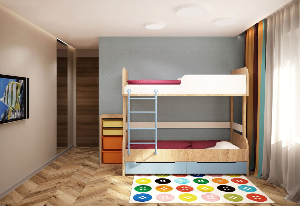 Визуализация детской комнаты в теплых тонах 15 кв.м, двухъярусная кровать, ковер, телевизор, зеркало, обои